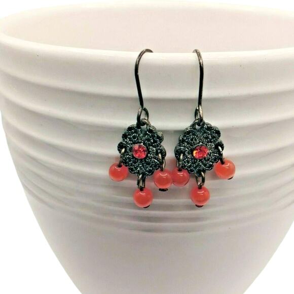 🟠🟢 Ombre Beaded Chandelier Earrings 💚🧡 Retro Spring Dangle 2Pr - Picture 2 of 9